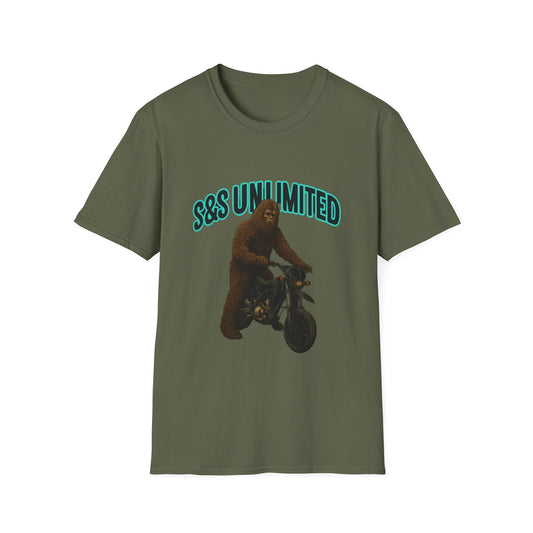 Bigfoot Motorcycle T-Shirt, Unisex Graphic Tee, Retro Sasquatch Shirt, Gift for Adventurers, Quirky Everyday Wear